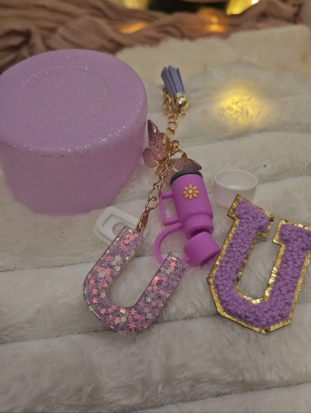 Lavender Glitter 'U' Charm Keychain & Accessories Set